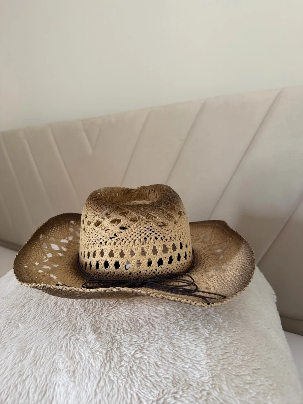 Woven Straw Cowboy Hat with Beaded Band - Tan